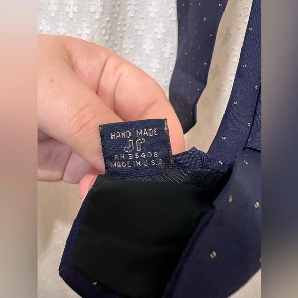 Vintage O.L. Simmons Navy with Orange and White Dots 100% Silk Tie 57"L - Picture 6 of 6